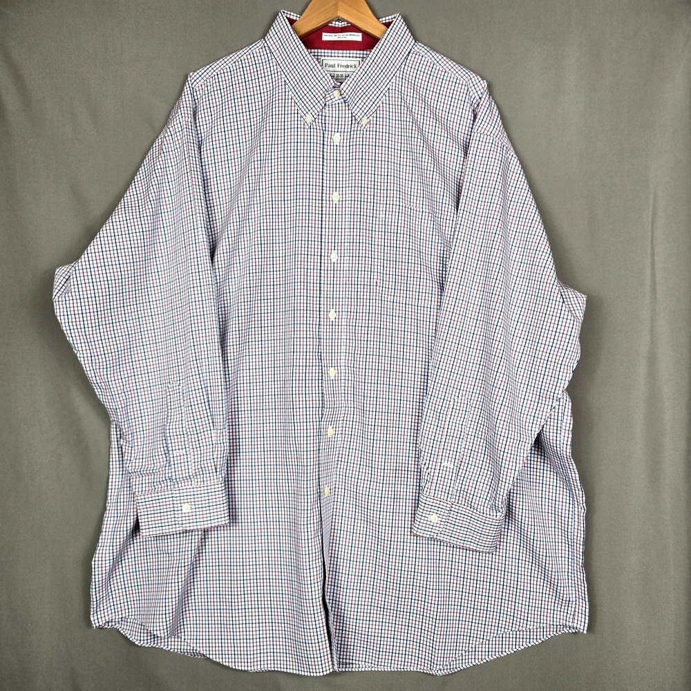 Paul Fredrick Non Iron Long Sleeve Button Down Shirt Red Blue Plaid Mens 20-35